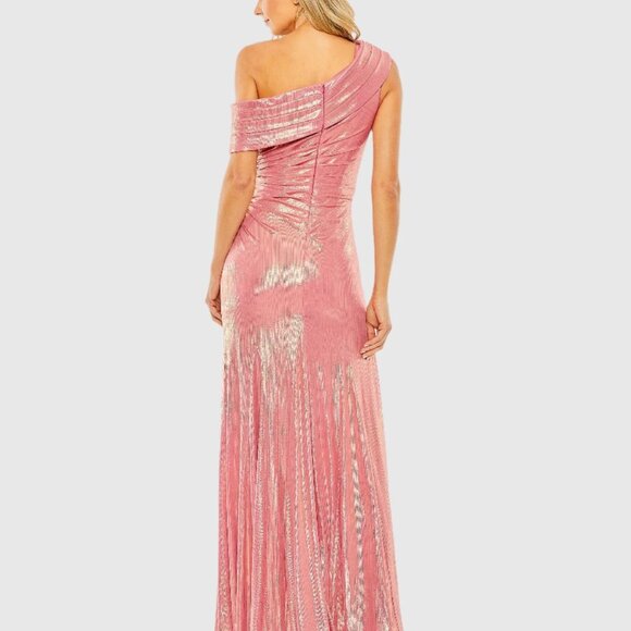 NWT | MAC DUGGAL 27152 OFF THE SHOULDER RUCHED WAIST SLIT METALLIC GOWN PINK 2 - Picture 3 of 6